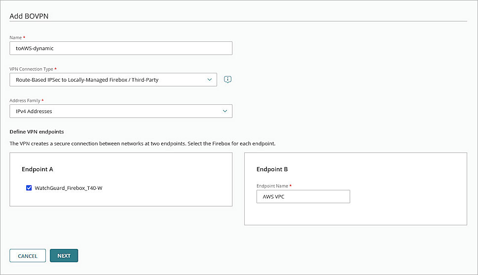 Screenshot of WatchGuard Cloud, Add BOVPN page